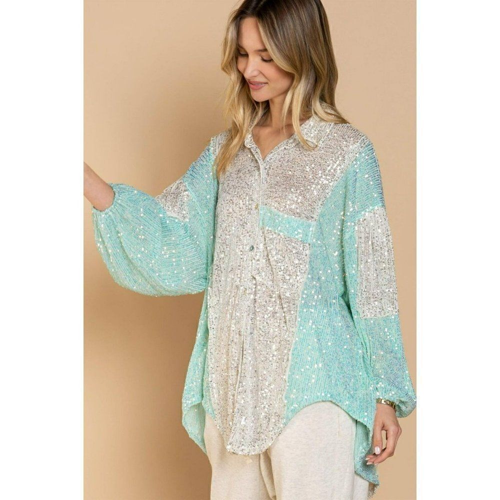 SALE! POL CLOTHING Sequin Block Sleeve Button Up Top in White and Aqua SMT2045 - Picture 1 of 7